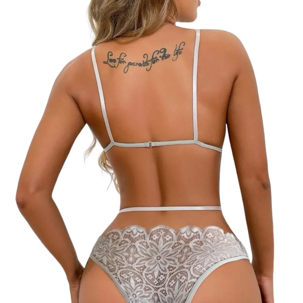 Grey‎ Lace Lingerie Sexy Feminine Stretch Bra Panty Stripper Hot Romance Baddie